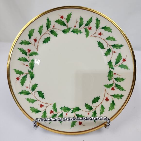 New Lenox Holiday Gold Trim Holly & Berry 8" Lunch Plate Made USA - Picture 6 of 6